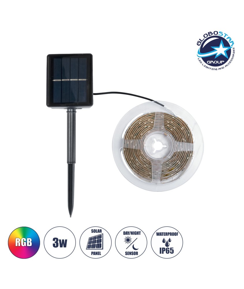 GloboStar® SOLAR LEDSTRIP 70421 Αυτόνομο Ηλιακό Σετ Ταινία LED 3m 3W-3m 90LED 2835 SMD 30lm-m 120° με Ενσωματωμένα Προγράμματα Λειτουργίας - Αδιάβροχο IP65 - RGB - Μ300 x Π0.8 x Υ0.3cm - 2 Χρόνια Εγγύηση